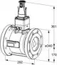 Differenzdruckregler mit einer Bauform von IMI Hydronic Engineering, ausgestattet mit Anschlussflanschen und einer zentrale Steuerungseinheit, skizziert in Ansicht und Detail.